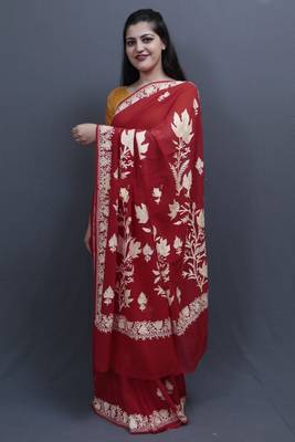 Red Colour Kashida Work Saree With Wonderful Designing On Border And Bail Pattern On Pallu 1