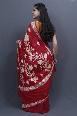 Red Colour Kashida Work Saree With Wonderful Designing On Border And Bail Pattern On Pallu 2