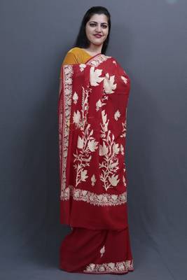 Red Colour Kashida Work Saree With Wonderful Designing On Border And Bail Pattern On Pallu 3