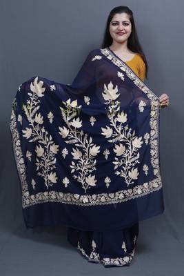 Navyblue Colour Kashida Work Saree With Wonderful Designing On Border And Bail Pattern On Pallu 1