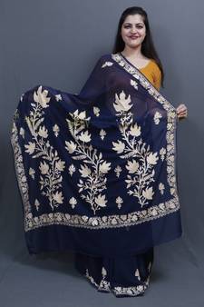 Navyblue Colour Kashida Work Saree With Wonderful Designing On Border And Bail Pattern On Pallu