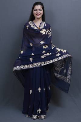 Navyblue Colour Kashida Work Saree With Wonderful Designing On Border And Bail Pattern On Pallu 3
