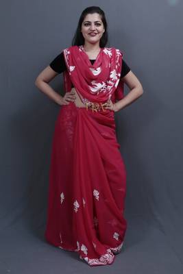 Majenta Colour Kashida Work Saree With Wonderful Designing On Border And Bail Pattern On Pallu 1