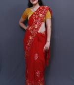 Hot Red Colour Saree With Dense Aari Jaal On Pallu And Flowral Motifs