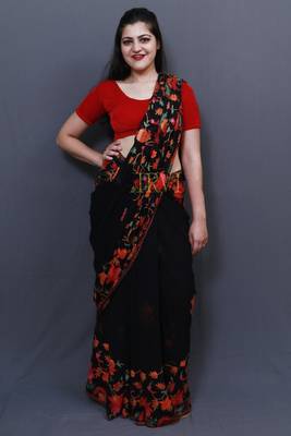 Evergreen Black Colour Saree With Dense Aari Jaal On Pallu And Flowral Motifs 1