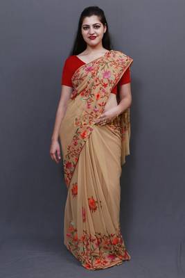 Elegant Fawn Colour Saree With Dense Aari Jaal On Pallu And Flowral Motifs 1