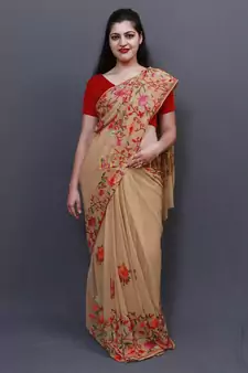 Elegant Fawn Colour Saree With Dense Aari Jaal On Pallu And Flowral Motifs