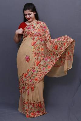 Elegant Fawn Colour Saree With Dense Aari Jaal On Pallu And Flowral Motifs 2