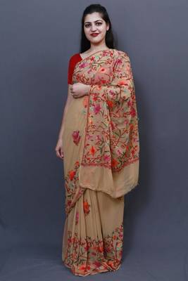 Elegant Fawn Colour Saree With Dense Aari Jaal On Pallu And Flowral Motifs 3