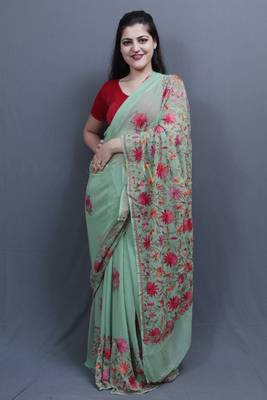 Sea Green Colour Saree With Dense Aari Jaal On Pallu And Flowral Motifs 1