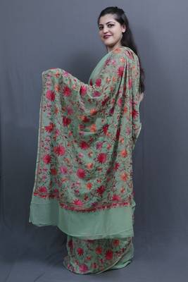 Sea Green Colour Saree With Dense Aari Jaal On Pallu And Flowral Motifs 2