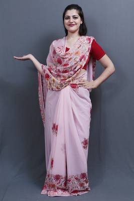 Baby Pink Colour Saree With Dense Aari Jaal On Pallu And Flowral Motifs 1