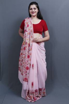 Baby Pink Colour Saree With Dense Aari Jaal On Pallu And Flowral Motifs 2