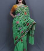 Green Colour Kashida Work Saree With Wonderful Designing On Border And Chinaar Jaal On Pallu