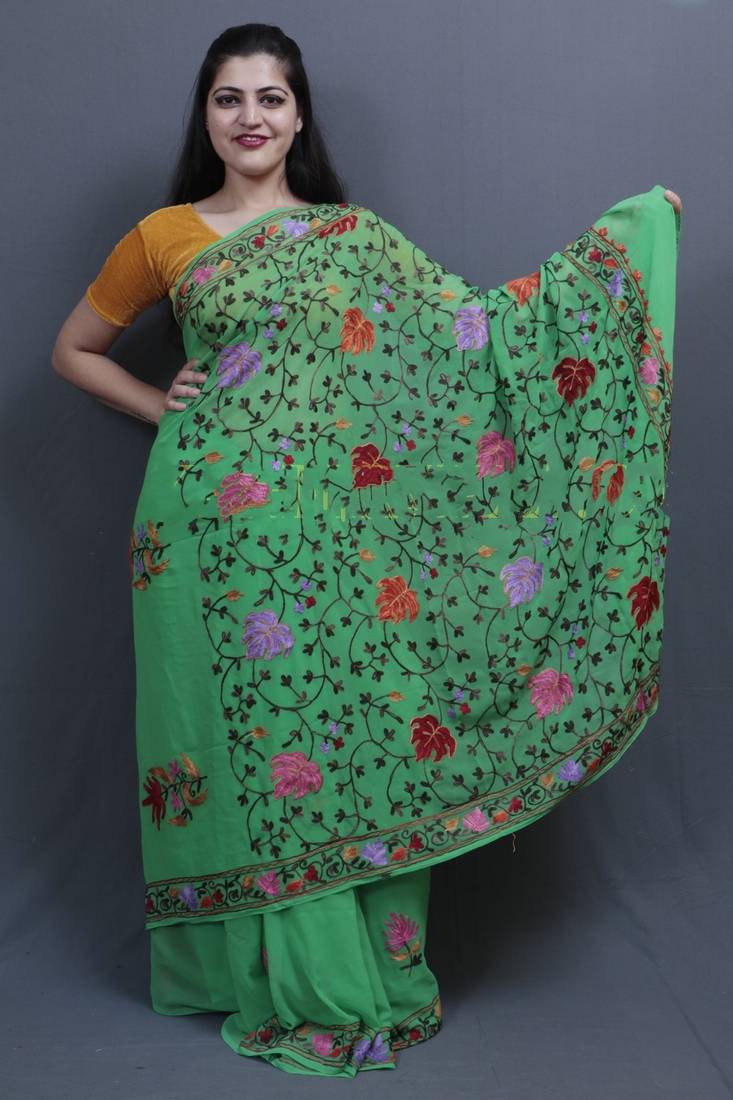 Green Colour Kashida Work Saree With Wonderful Designing On Border And Chinaar Jaal On Pallu