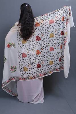 White Colour Kashida Work Saree With Wonderful Designing On Border And Chinaar Jaal On Pallu 3
