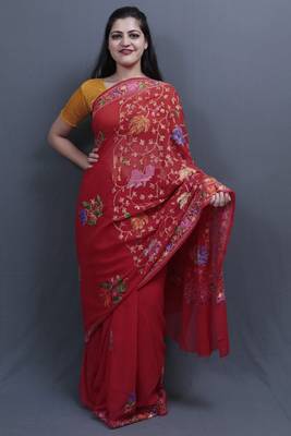 Red Colour Kashida Work Saree With Wonderful Designing On Border And Chinaar Jaal On Pallu 1