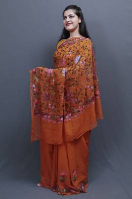 Mustard Colour Kashida Work Saree With Wonderful Designing On Border And Chinaar Jaal On Pallu 1