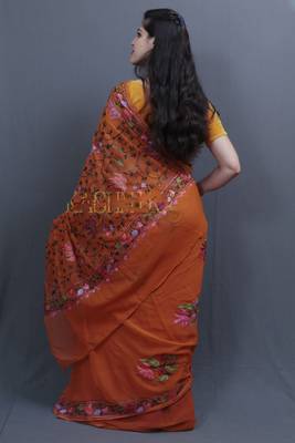 Mustard Colour Kashida Work Saree With Wonderful Designing On Border And Chinaar Jaal On Pallu 2