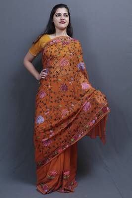Mustard Colour Kashida Work Saree With Wonderful Designing On Border And Chinaar Jaal On Pallu 3