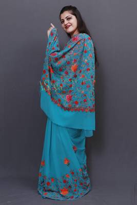 Ferozi Colour Kashida Work Saree With Wonderful Multi Coloured Jaal On Pallu Gives Royal Look 2