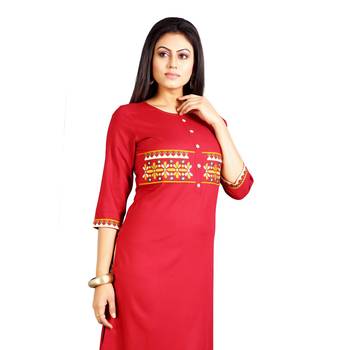 Red embroidered rayon kurti 4