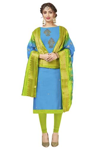 Sky-Blue Multi Work Cotton Salwar With Dupatta