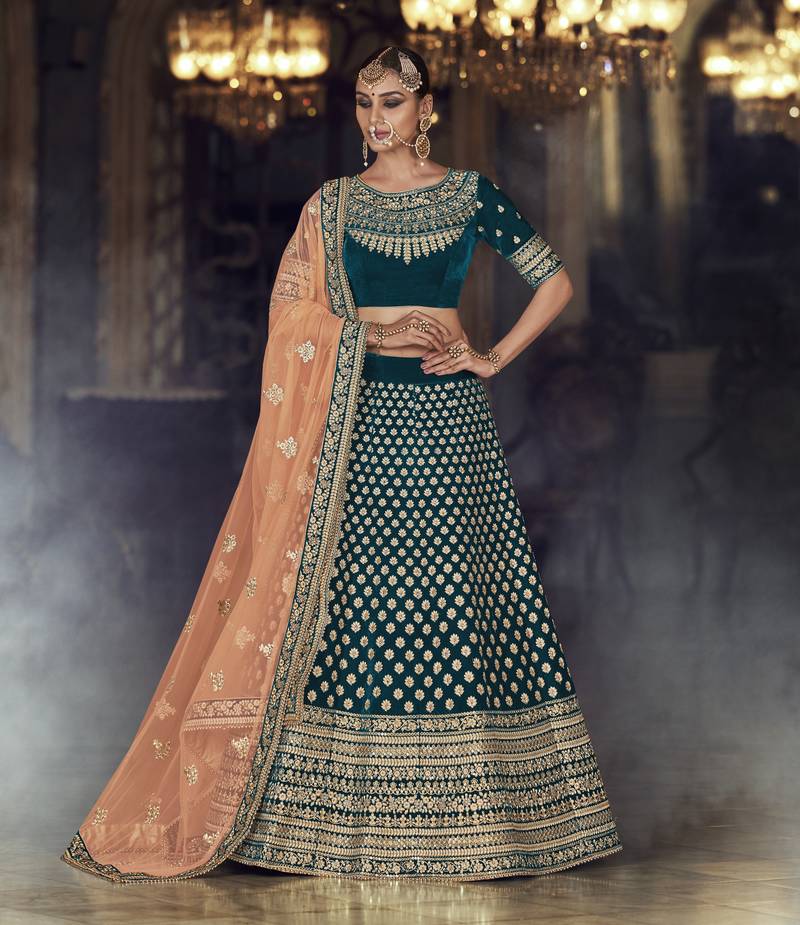 Green Embroidered Velvet Semi Stitched Lehenga With Dupatta