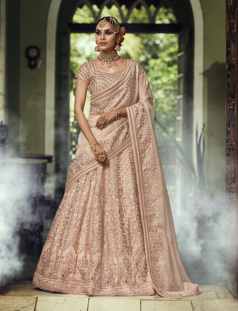 Beige Embroidered Silk Semi Stitched Lehenga With Dupatta