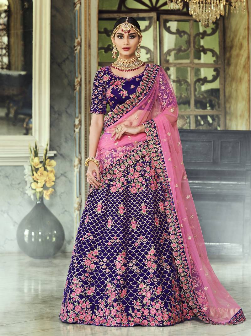 Blue Embroidered Velvet Semi Stitched Lehenga With Dupatta