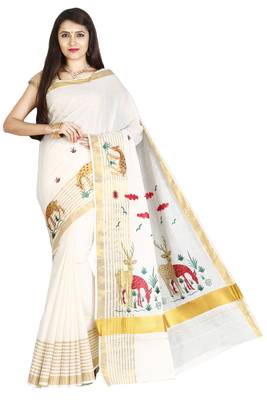 Off White Embroidered Cotton Poly Saree With Blouse 1