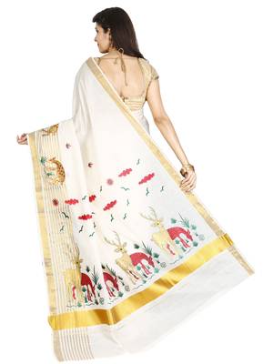 Off White Embroidered Cotton Poly Saree With Blouse 2