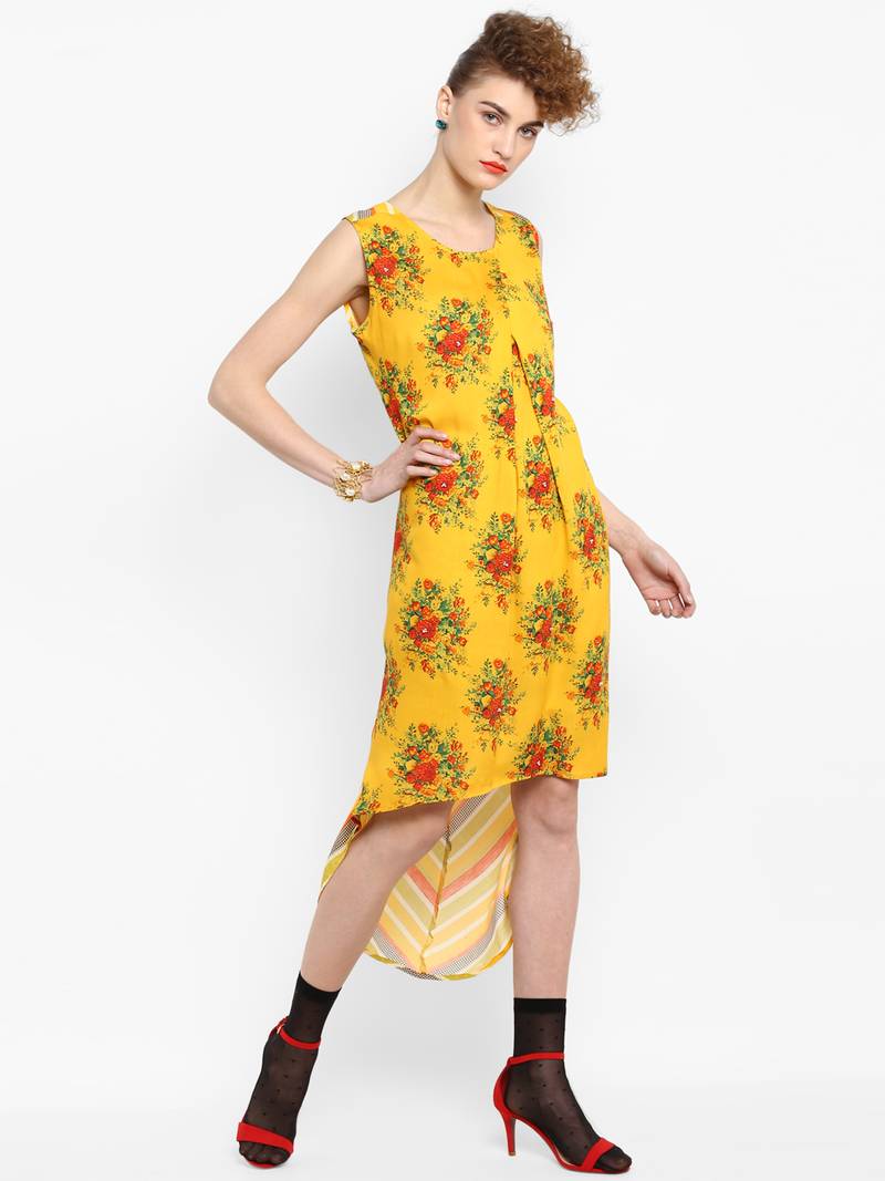 Yellow floral print rayon dresses