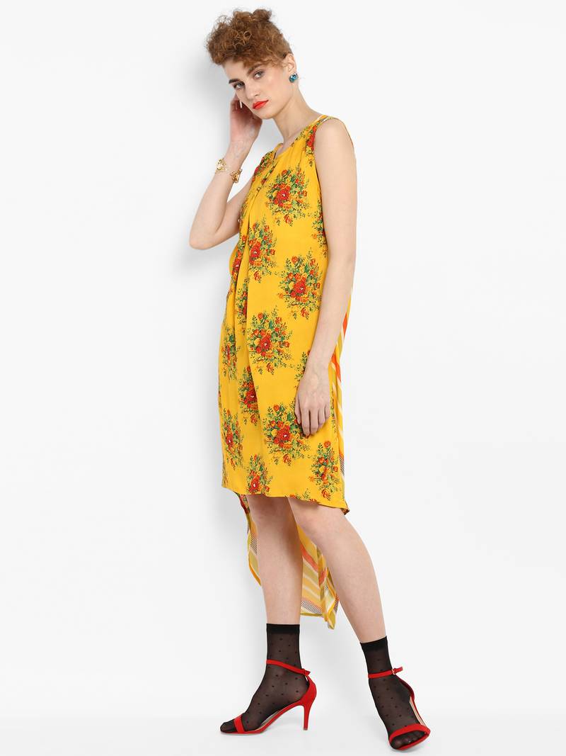 Yellow floral print rayon dresses - BKind - 2864989