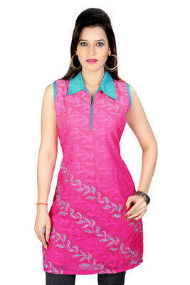 Pink Machine Workand Chanderi Fabric Kurti 1