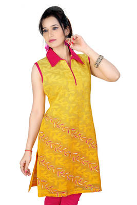 Yellow Machine Work And Chanderi Kurti 1