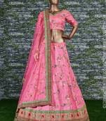 Wonderful Pink Embroidered Designer Art Silk Wedding Designer Bridal Lehenga Choli For Women