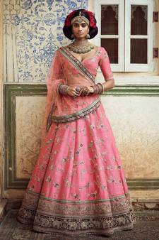 Wonderful Pink Embroidered Designer Art Silk Wedding Designer Bridal Lehenga Choli For Women