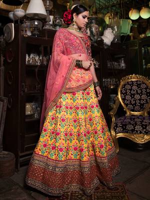 yellow and purple embroidered bridal lehenga set choli with dupatta 1