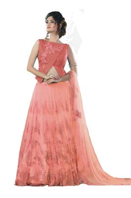 Peach Thread Embroidery Net Semi Stitched Lehenga 1
