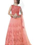 Peach Thread Embroidery Net Semi Stitched Lehenga