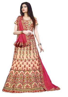 Peach Thread Embroidery Silk Semi Stitched Lehenga 1