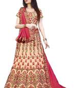 Peach Thread Embroidery Silk Semi Stitched Lehenga
