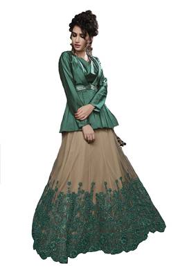 Green Thread Embroidery Net Semi Stitched Lehenga 1