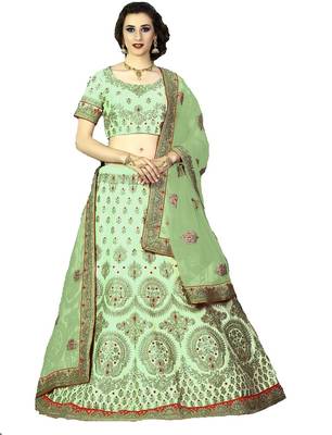 Green Thread Embroidery Silk Semi Stitched Lehenga 1