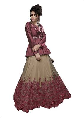 Dark  Magenta Thread Embroidery Net Semi Stitched Lehenga 1
