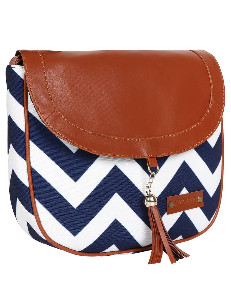 Lychee Bags Canvas Blue Zig-Zag Printed Sling Bag