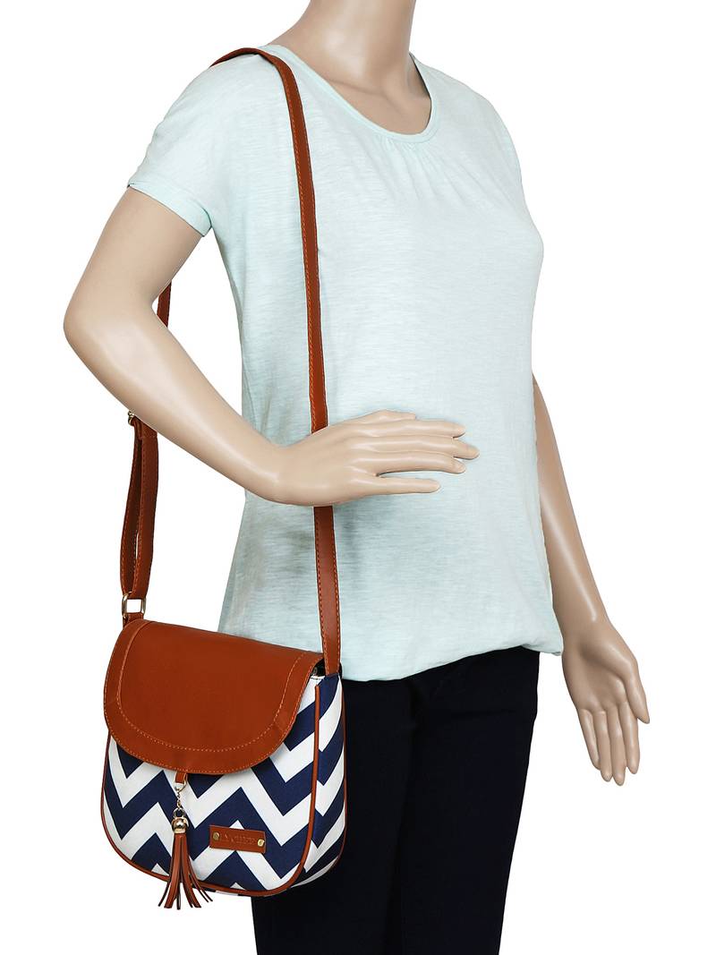 Lychee Bags Canvas Blue Zig-Zag Printed Sling Bag