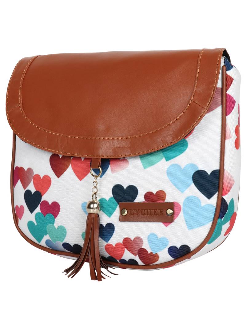 Lychee Bags Canvas Multicolor Heart Printed Sling Bag