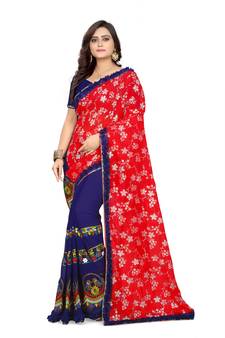 Red Embroidered Georgette Saree With Blouse